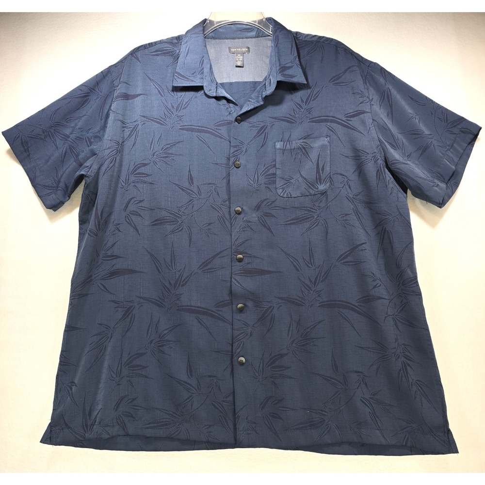 Van Heusen Mens XXL Blue Tropical Leaf Jacquard Short Sleeve Button Down Shirt